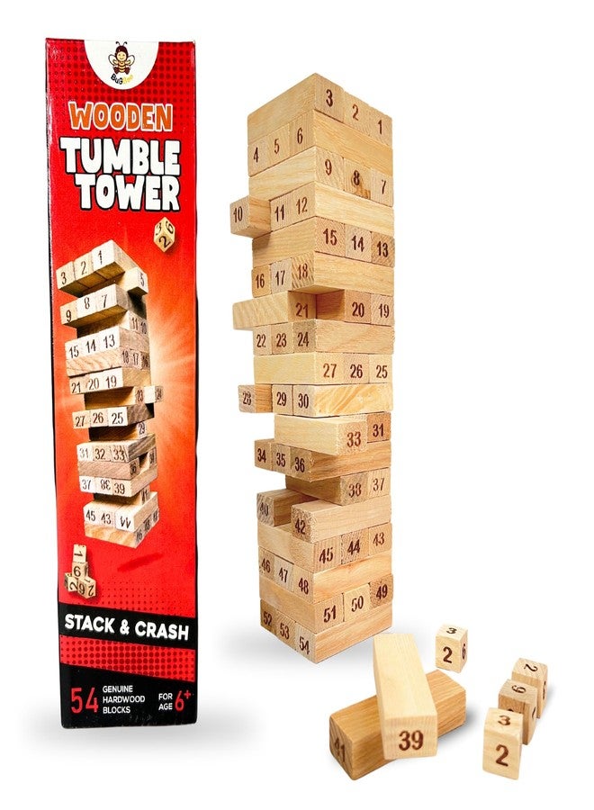 BuGBee Wooden Tumble Tower Game for Kids & Adults | 54 Stacking Blocks with 4 Dice | Classic Tumbling Tower for Parties & Learning Activities | Indoor Skill-Building Game Age 6+ - Image 1